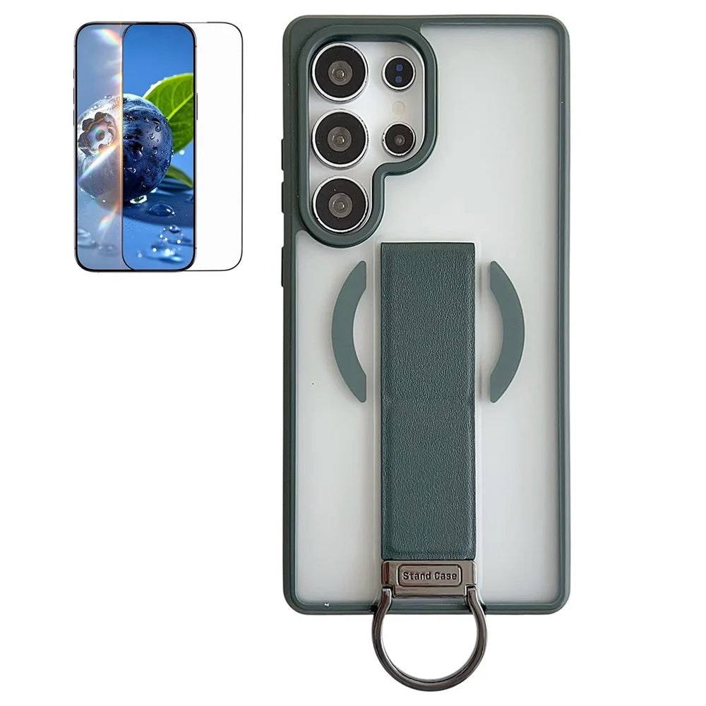 For Samsung Galaxy S25 Ultra Magnetic Case  Skin Touch TPU + PC  D Ring Kickstand Phone Cover with Tempered Glass - Green - 1
