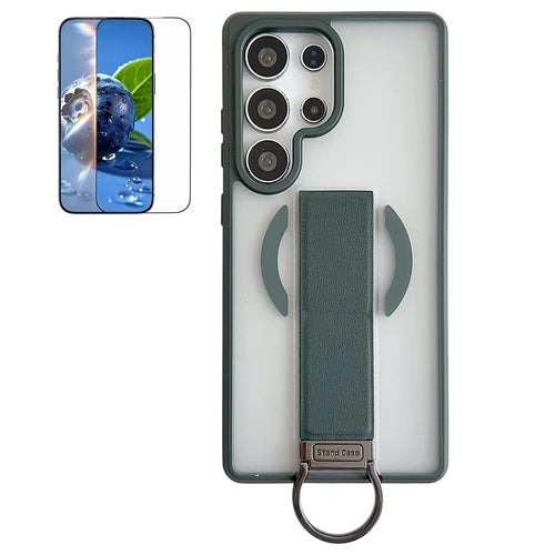 For Samsung Galaxy S25 Ultra Magnetic Case  Skin Touch TPU + PC  D Ring Kickstand Phone Cover with Tempered Glass - Green - 1