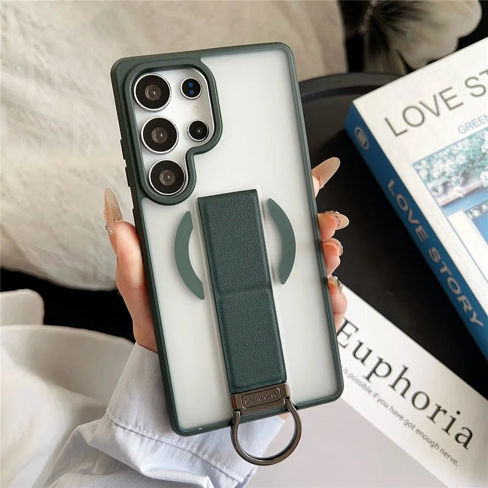 For Samsung Galaxy S25 Ultra Magnetic Case  Skin Touch TPU + PC  D Ring Kickstand Phone Cover with Tempered Glass - Green - 2