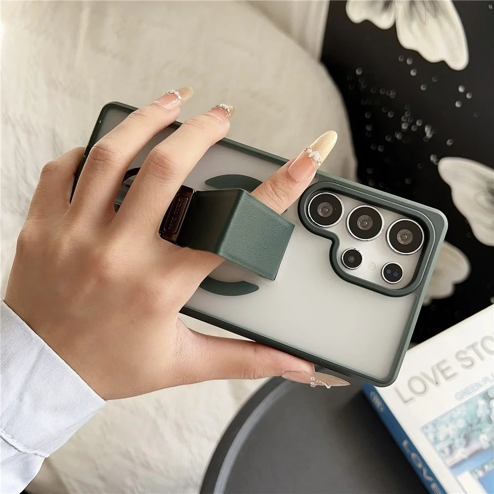 For Samsung Galaxy S25 Ultra Magnetic Case  Skin Touch TPU + PC  D Ring Kickstand Phone Cover with Tempered Glass - Green - 3
