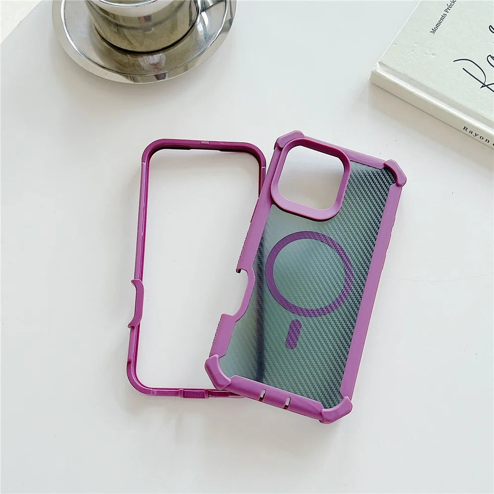 For iPhone 16 Pro Magnetic Case Carbon Fiber Texture TPU Protective Phone Cover With Tempered Glass  Compatible with MagSafe - Purple - 3