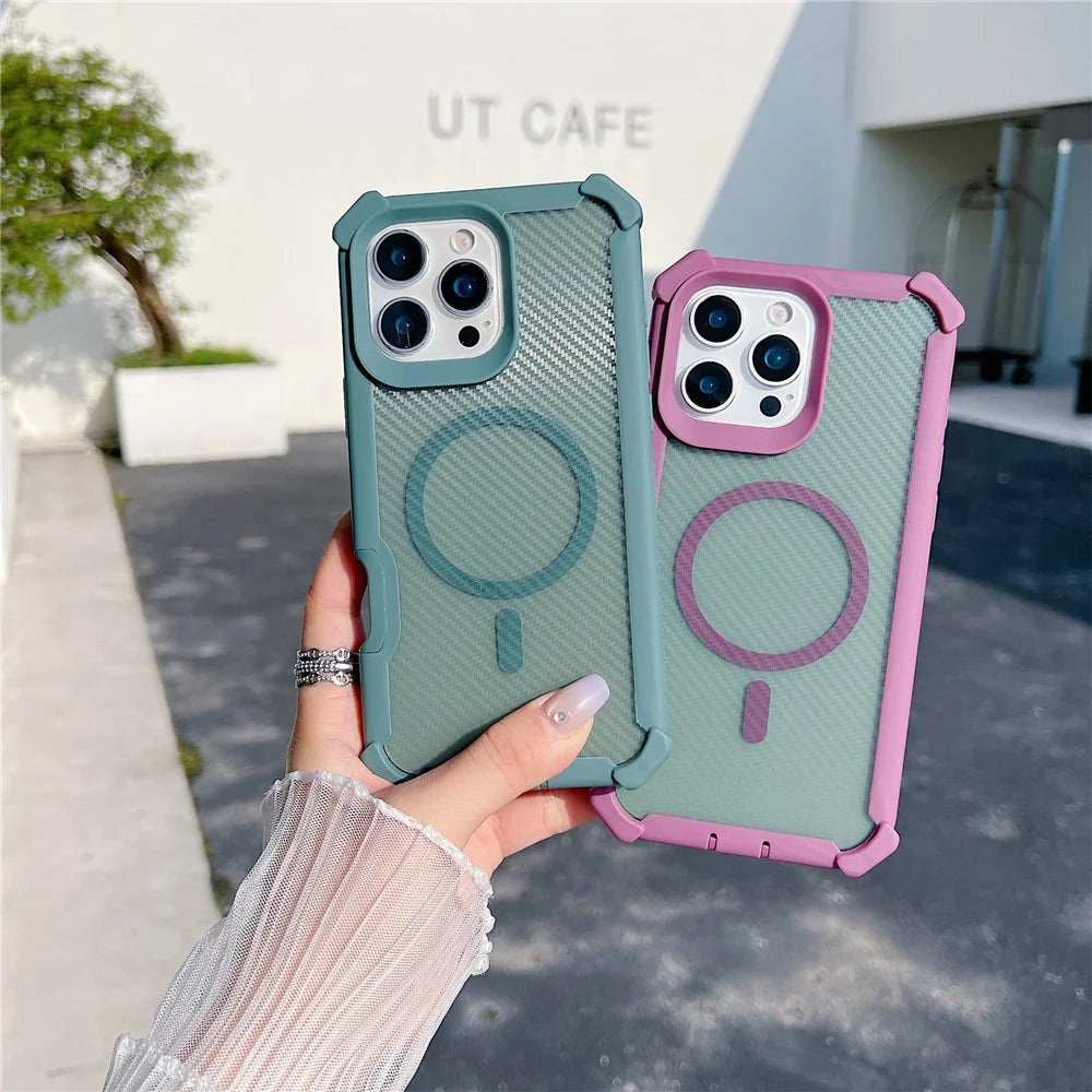 For iPhone 16 Pro Magnetic Case Carbon Fiber Texture TPU Protective Phone Cover With Tempered Glass  Compatible with MagSafe - Purple - 4