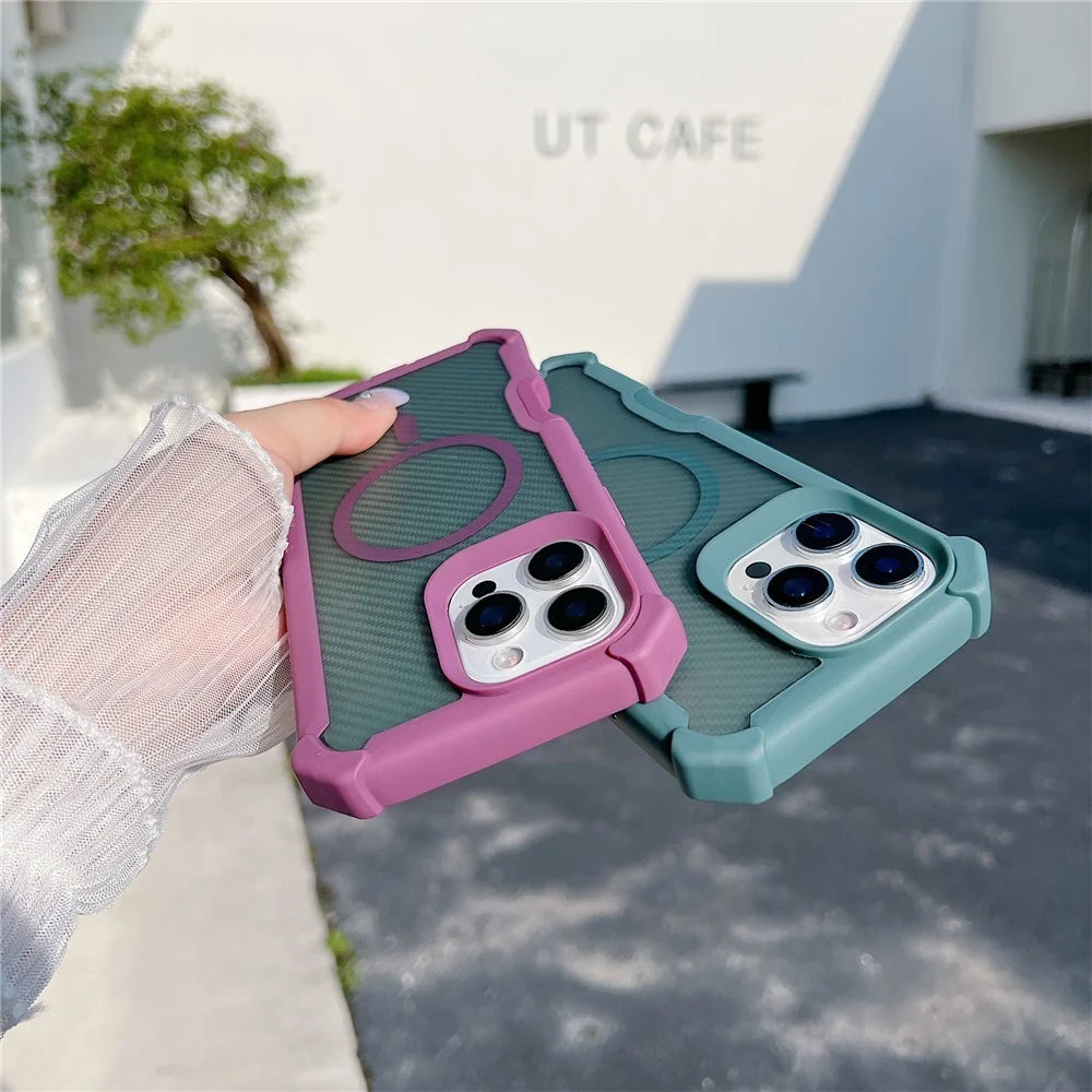 For iPhone 16 Pro Magnetic Case Carbon Fiber Texture TPU Protective Phone Cover With Tempered Glass  Compatible with MagSafe - Purple - 5
