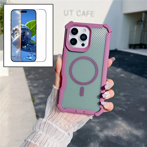 For iPhone 16 Pro Max Magnetic Case Carbon Fiber Texture TPU Protective Phone Cover With Tempered Glass  Compatible with MagSafe  - Purple - 1