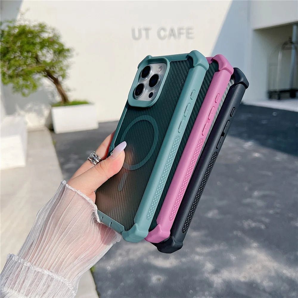 For iPhone 16 Pro Max Magnetic Case Carbon Fiber Texture TPU Protective Phone Cover With Tempered Glass  Compatible with MagSafe  - Purple - 7