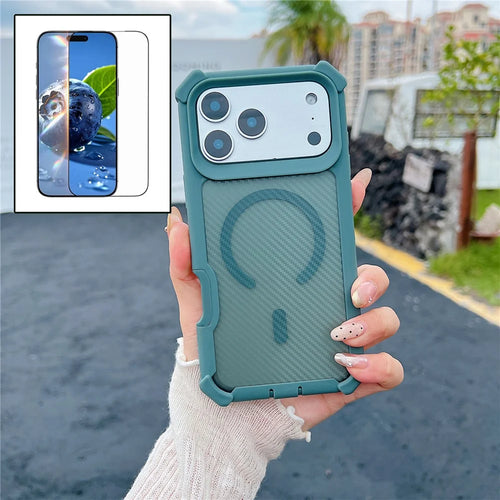 For iPhone 17 Pro Max Magnetic Case Carbon Fiber Texture TPU Protective Phone Cover With Tempered Glass  Compatible with MagSafe  - Blackish Green - 1