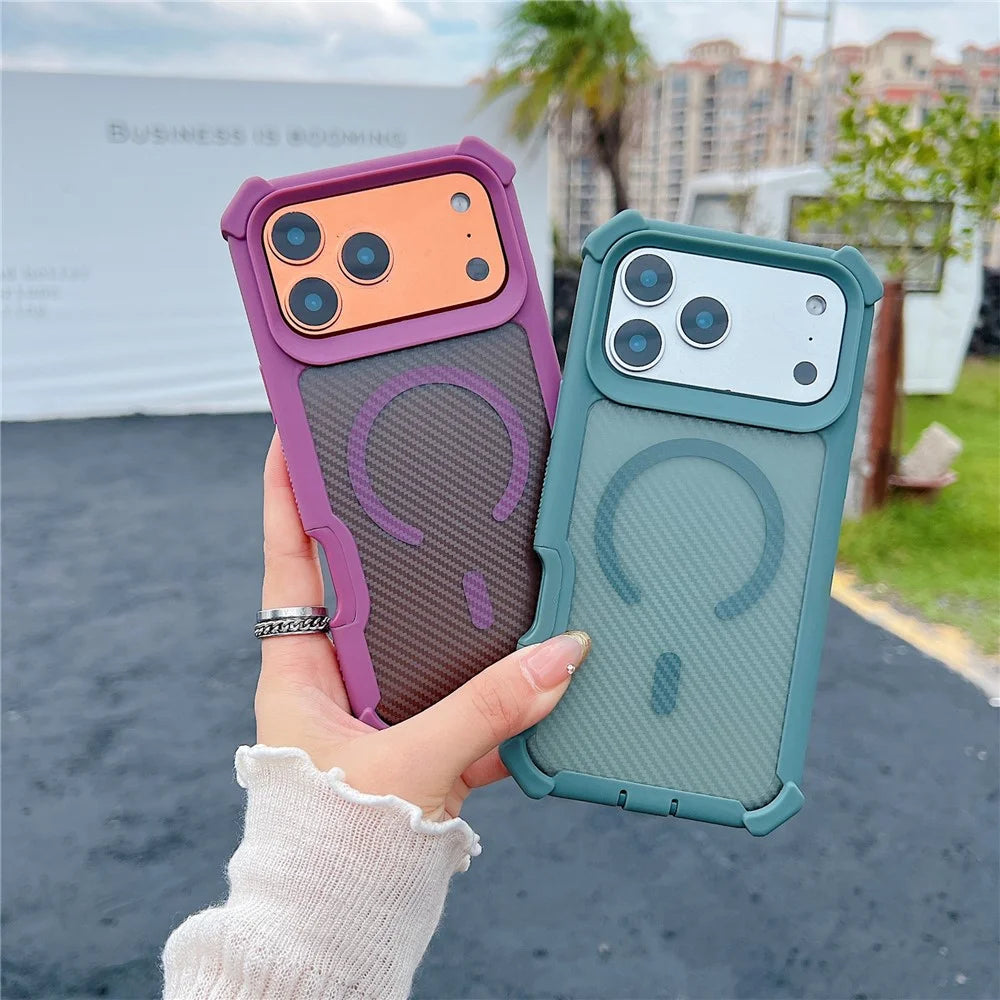 For iPhone 17 Pro Max Magnetic Case Carbon Fiber Texture TPU Protective Phone Cover With Tempered Glass  Compatible with MagSafe  - Blackish Green - 4