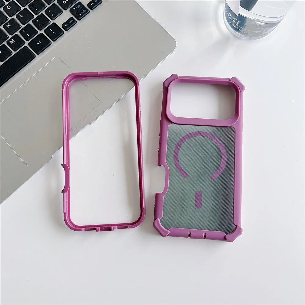 For iPhone 17 Pro Magnetic Case Carbon Fiber Texture TPU Protective Phone Cover With Tempered Glass  Compatible with MagSafe - Blackish Green - 3
