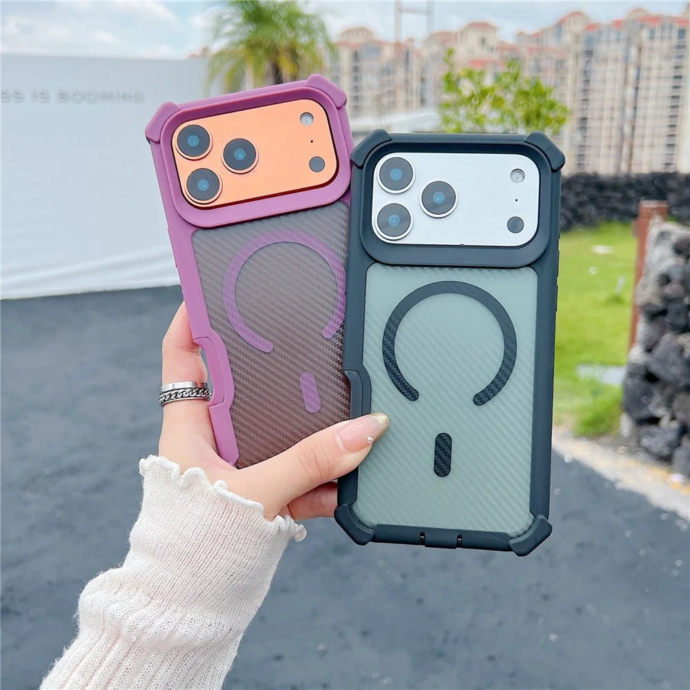 For iPhone 17 Pro Magnetic Case Carbon Fiber Texture TPU Protective Phone Cover With Tempered Glass  Compatible with MagSafe - Blackish Green - 5