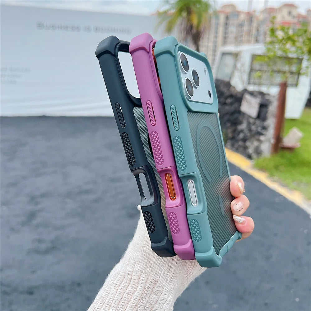 For iPhone 17 Pro Magnetic Case Carbon Fiber Texture TPU Protective Phone Cover With Tempered Glass  Compatible with MagSafe - Blackish Green - 6
