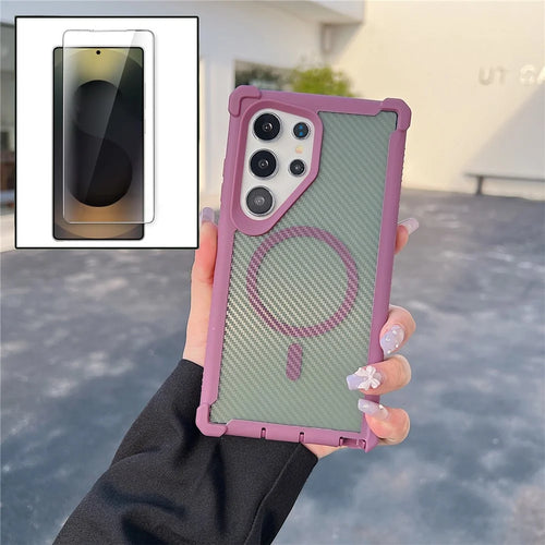 For Samsung Galaxy S25 Ultra Magnetic Case Carbon Fiber Texture TPU Protective Phone Cover With Tempered Glass - Purple - 1