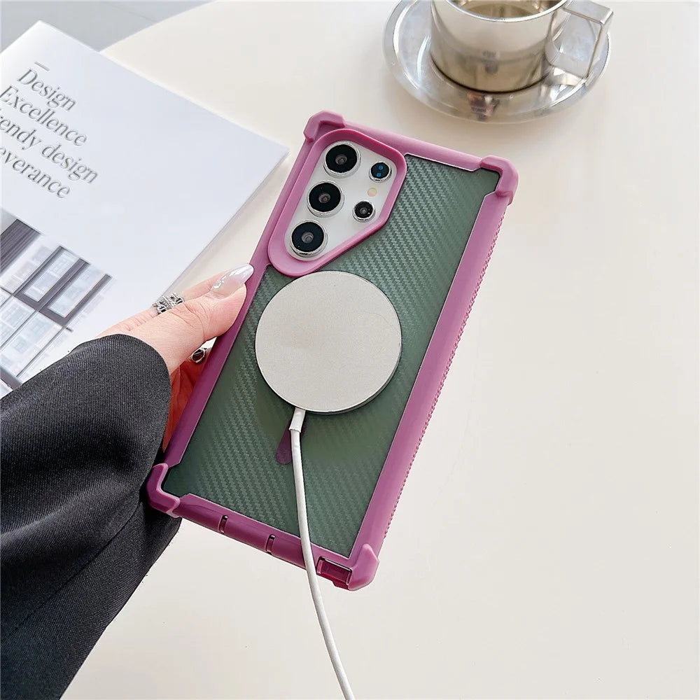 For Samsung Galaxy S25 Ultra Magnetic Case Carbon Fiber Texture TPU Protective Phone Cover With Tempered Glass - Purple - 2