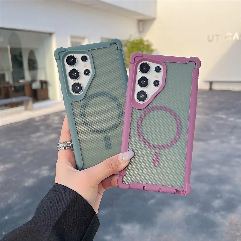 For Samsung Galaxy S25 Ultra Magnetic Case Carbon Fiber Texture TPU Protective Phone Cover With Tempered Glass - Purple - 4