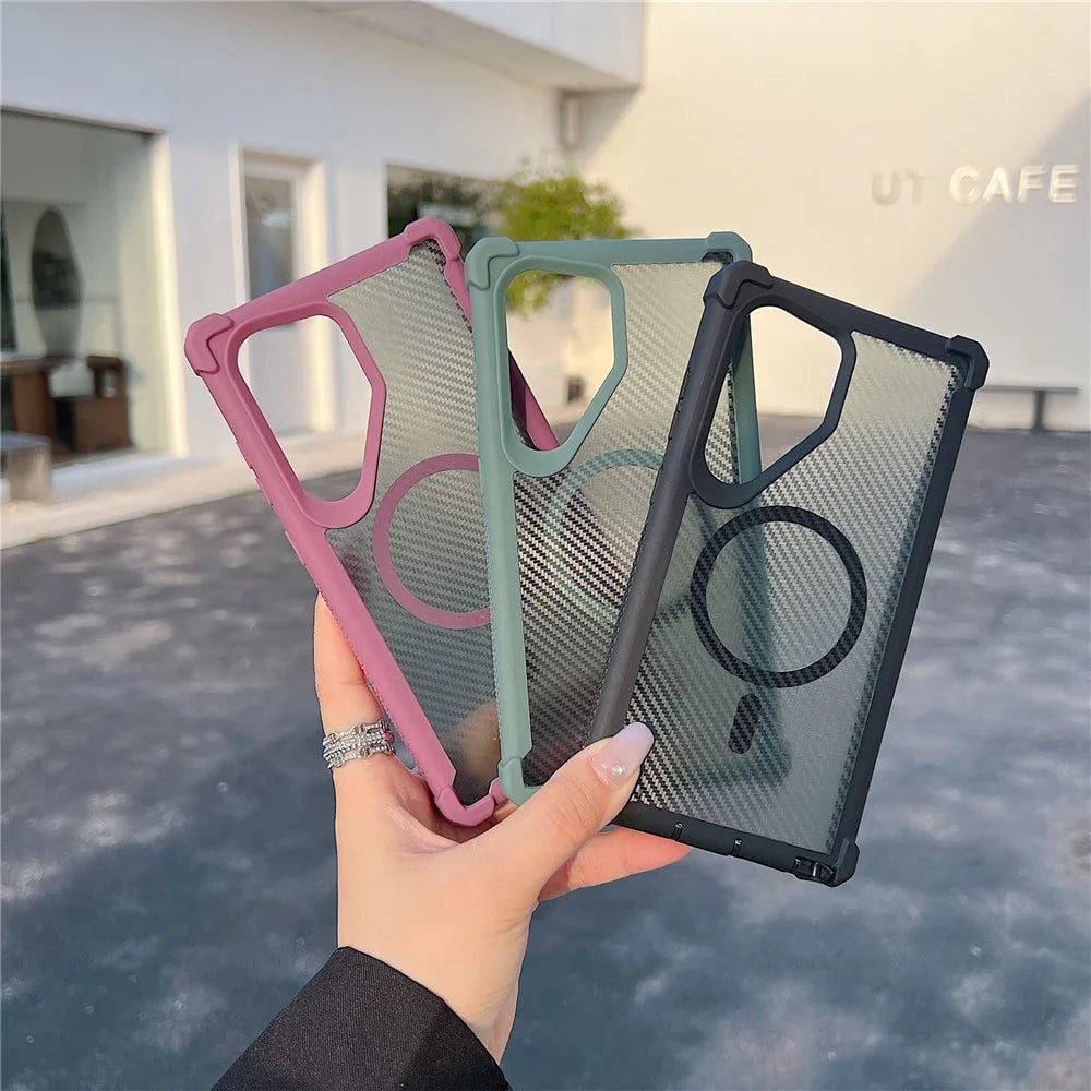 For Samsung Galaxy S25 Ultra Magnetic Case Carbon Fiber Texture TPU Protective Phone Cover With Tempered Glass - Purple - 7