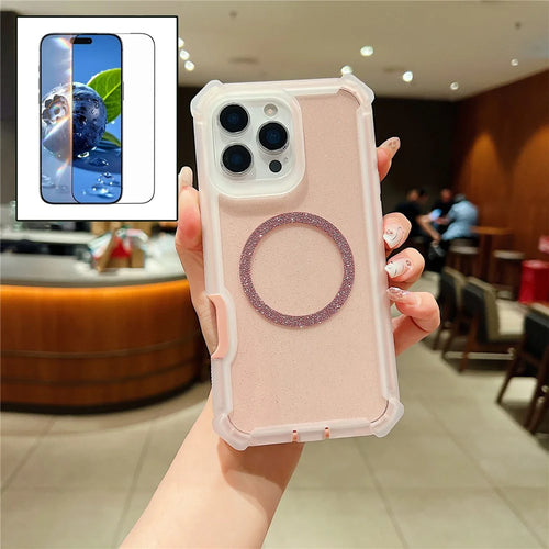 For iPhone 16 Pro Magnetic Case Glitter Powder TPU  + Acrylic Drop-proof Phone Cover with Tempered Glass Compatible with MagSafe - Transparent Pink - 1