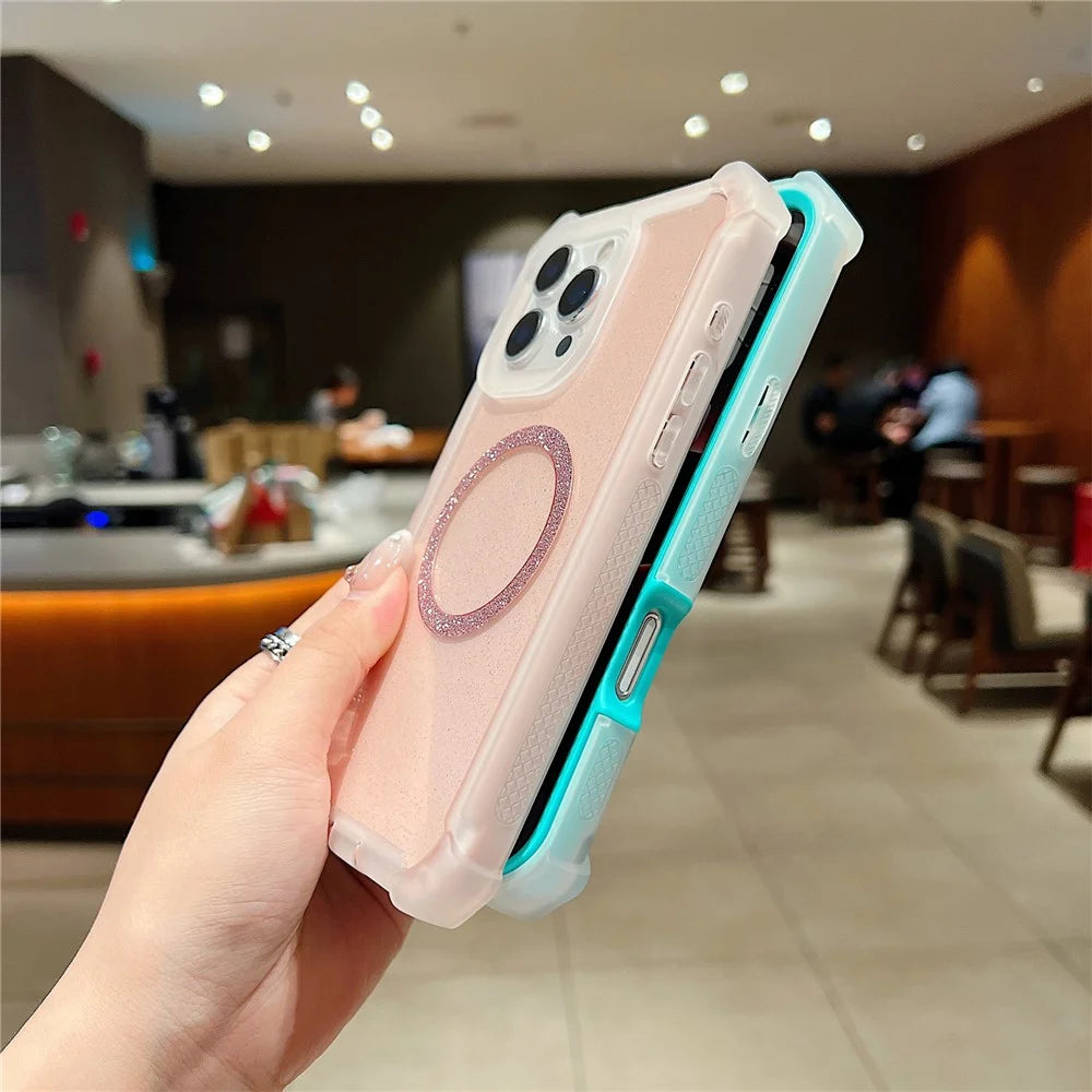 For iPhone 16 Pro Magnetic Case Glitter Powder TPU  + Acrylic Drop-proof Phone Cover with Tempered Glass Compatible with MagSafe - Transparent Pink - 5