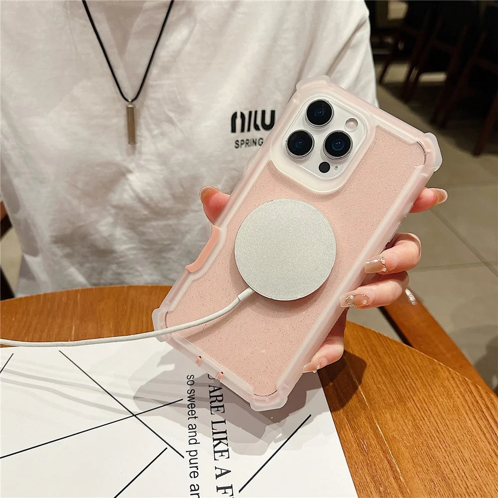 For iPhone 16 Pro Max Magnetic Case Glitter Powder TPU  + Acrylic Drop-proof Phone Cover with Tempered Glass Compatible with MagSafe  - Transparent Pink - 2