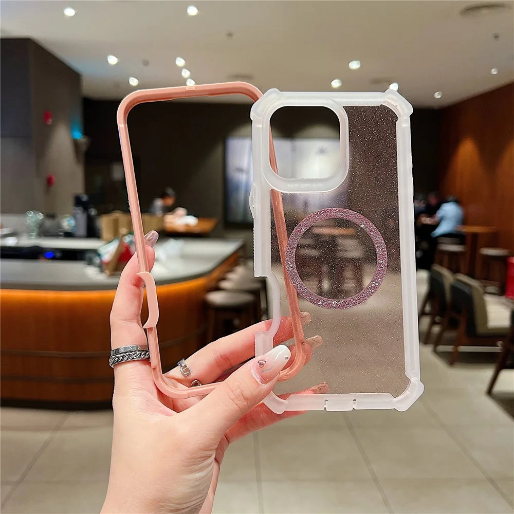 For iPhone 16 Pro Max Magnetic Case Glitter Powder TPU  + Acrylic Drop-proof Phone Cover with Tempered Glass Compatible with MagSafe  - Transparent Pink - 3