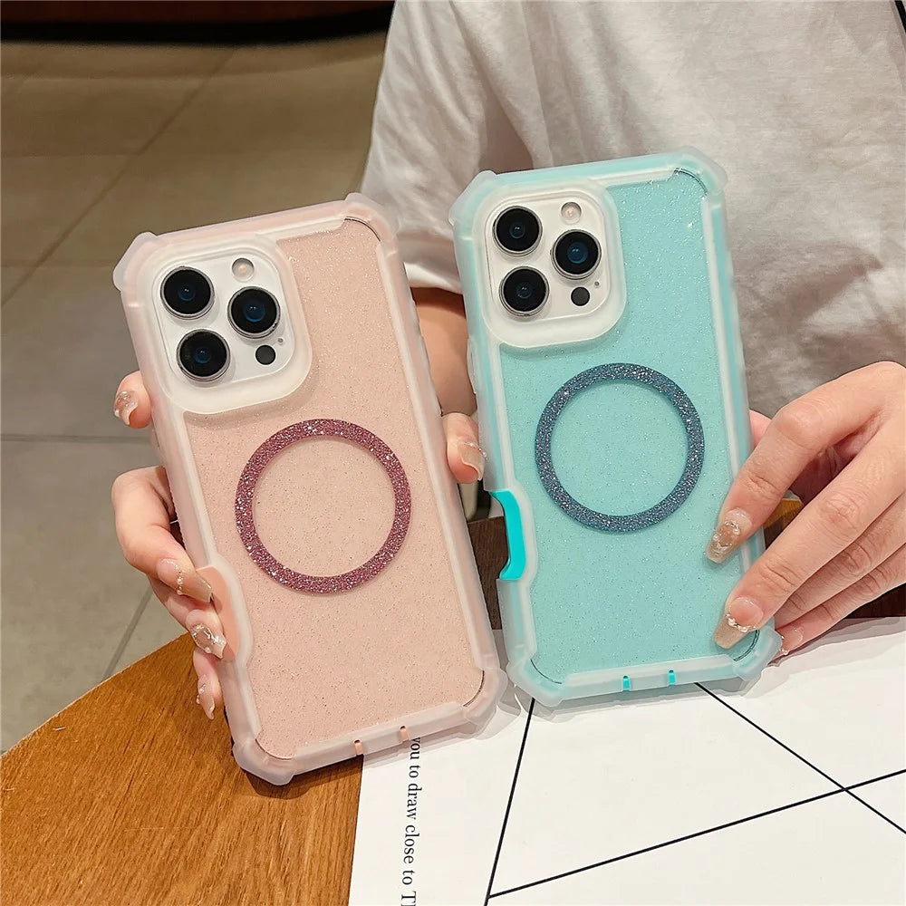 For iPhone 16 Pro Max Magnetic Case Glitter Powder TPU  + Acrylic Drop-proof Phone Cover with Tempered Glass Compatible with MagSafe  - Transparent Pink - 4
