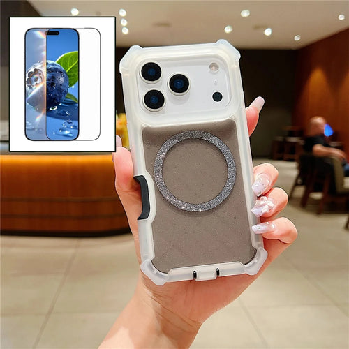 For iPhone 17 Pro Max Magnetic Case Glitter Powder TPU  + Acrylic Drop-proof Phone Cover with Tempered Glass Compatible with MagSafe - Transparent Black - 1