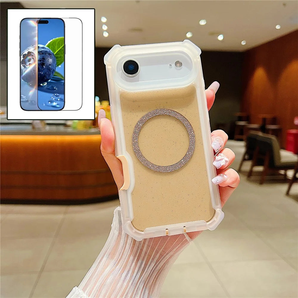 For iPhone Air Magnetic Case Glitter Powder TPU  + Acrylic Drop-proof Phone Cover with Tempered Glass Compatible with MagSafe - Transparent Gold - 1