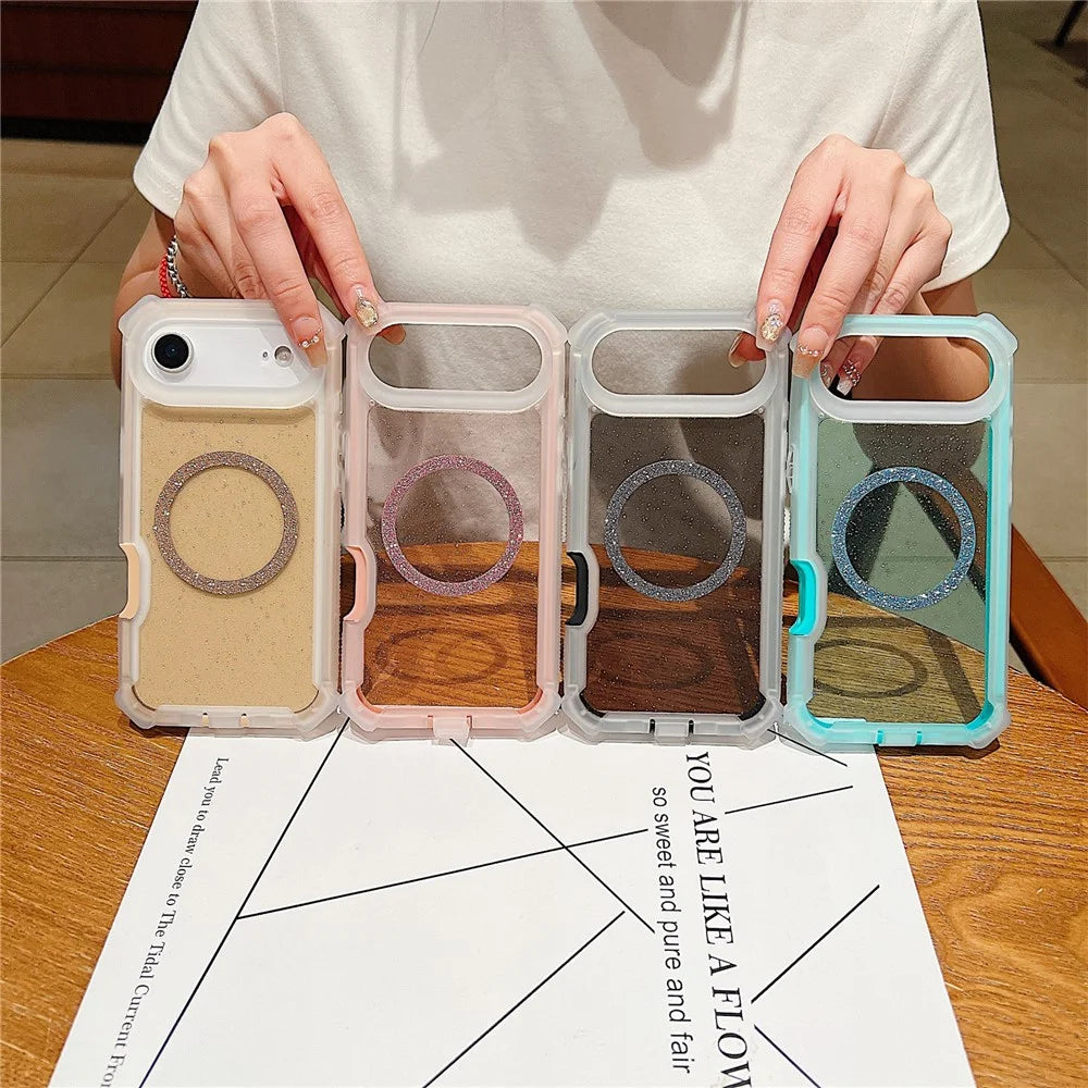 For iPhone Air Magnetic Case Glitter Powder TPU  + Acrylic Drop-proof Phone Cover with Tempered Glass Compatible with MagSafe - Transparent Gold - 6