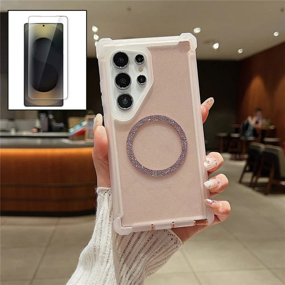 For Samsung Galaxy S24 Ultra Magnetic Case Glitter Powder TPU  + Acrylic Drop-proof Phone Cover with Tempered Glass - Transparent Pink - 1