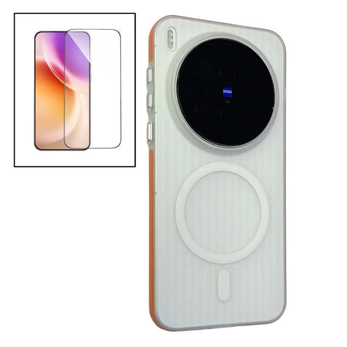 For vivo X300 Pro 5G TPU Magnetic Case Matte Corrugated Stripes Design Phone Back Cover with Tempered Glass  - Orange - 1