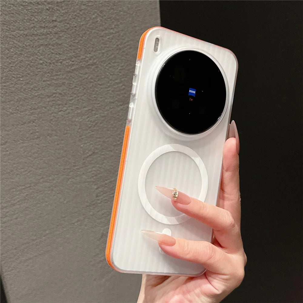 For vivo X300 Pro 5G TPU Magnetic Case Matte Corrugated Stripes Design Phone Back Cover with Tempered Glass  - Orange - 2