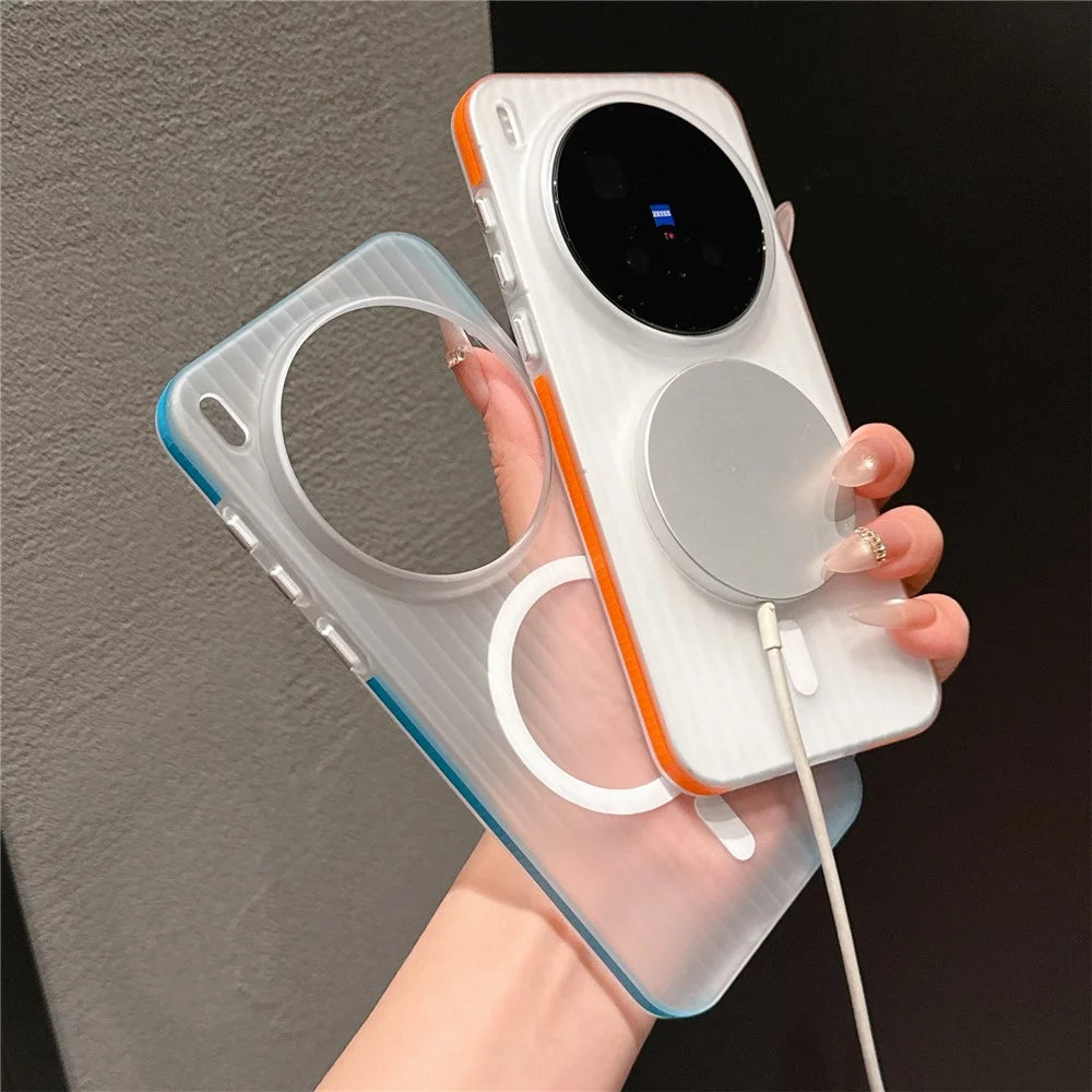 For vivo X300 Pro 5G TPU Magnetic Case Matte Corrugated Stripes Design Phone Back Cover with Tempered Glass  - Orange - 3