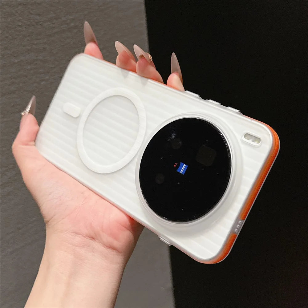 For vivo X300 Pro 5G TPU Magnetic Case Matte Corrugated Stripes Design Phone Back Cover with Tempered Glass  - Orange - 4