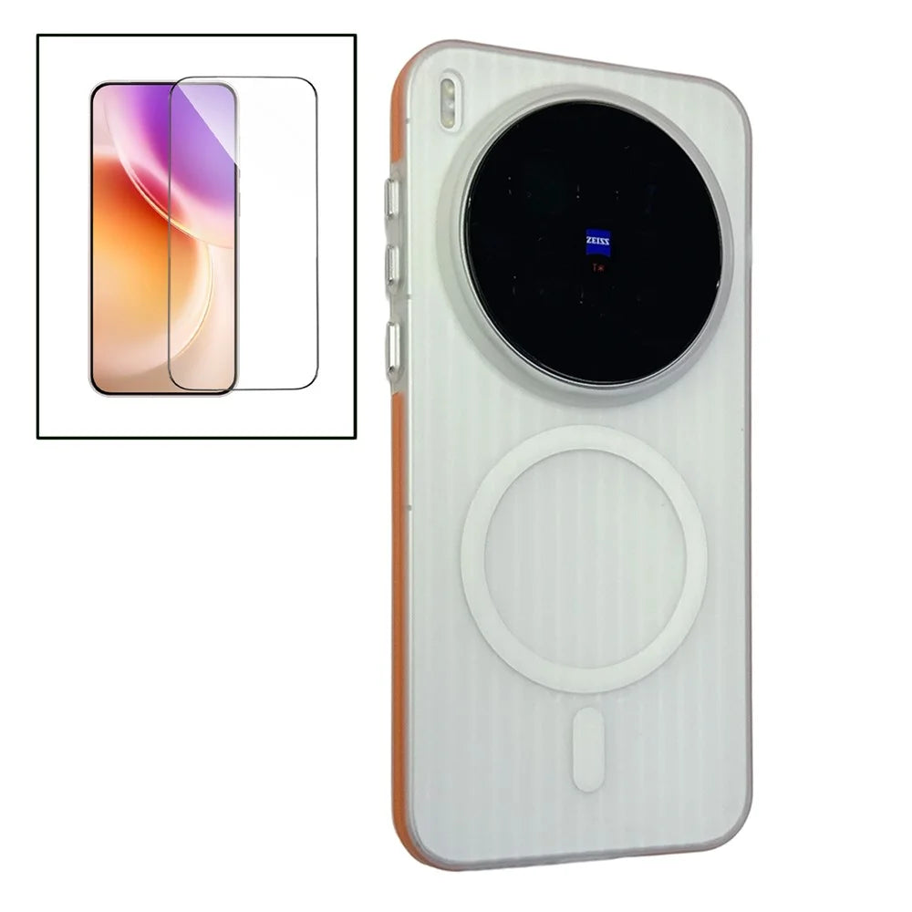 For vivo X300 5G TPU Magnetic Case Matte Corrugated Stripes Design Phone Back Cover with Tempered Glass - Orange - 1