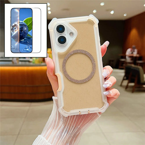 For iPhone 17 Magnetic Case Glitter Powder TPU  + Acrylic Drop-proof Phone Cover with Tempered Glass Compatible with MagSafe  - Transparent Gold - 1