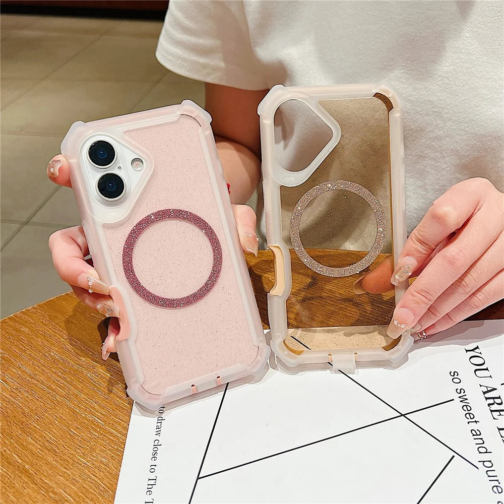 For iPhone 17 Magnetic Case Glitter Powder TPU  + Acrylic Drop-proof Phone Cover with Tempered Glass Compatible with MagSafe  - Transparent Gold - 2