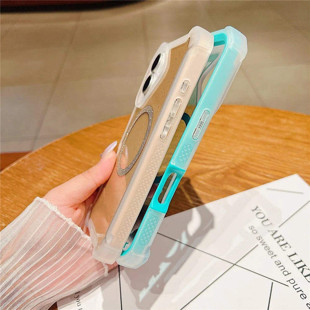 For iPhone 17 Magnetic Case Glitter Powder TPU  + Acrylic Drop-proof Phone Cover with Tempered Glass Compatible with MagSafe  - Transparent Gold - 5