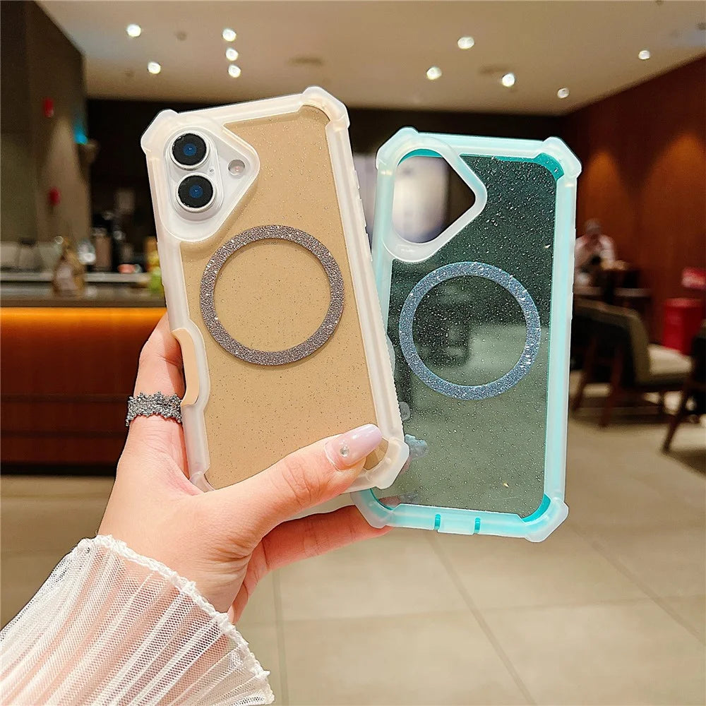 For iPhone 17 Magnetic Case Glitter Powder TPU  + Acrylic Drop-proof Phone Cover with Tempered Glass Compatible with MagSafe  - Transparent Gold - 6