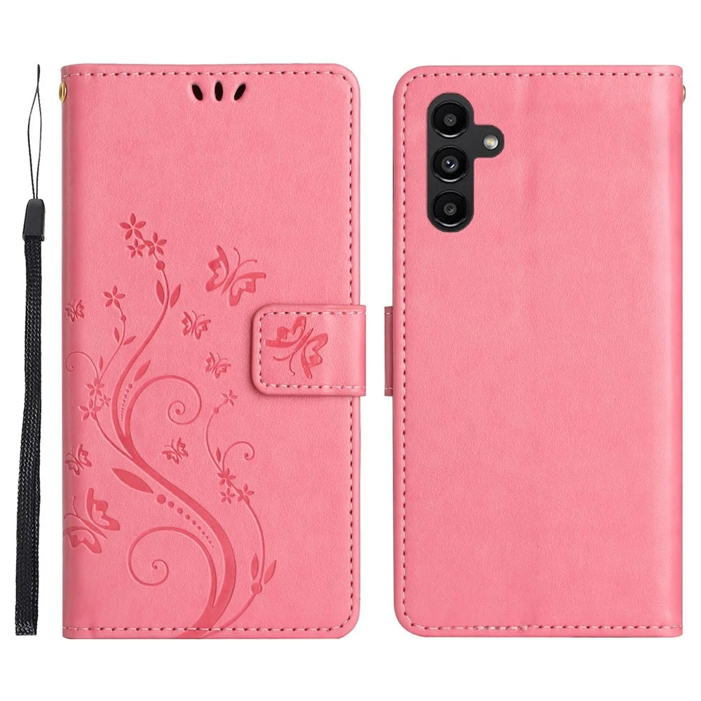 For Samsung Galaxy S26+ Leather Wallet Case Butterfly Flower Imprinted Phone Cover with Strap - Pink - 1