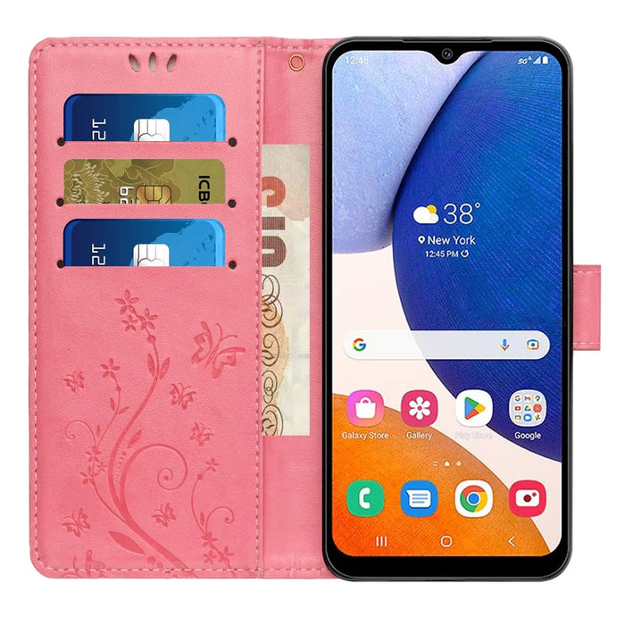 For Samsung Galaxy S26+ Leather Wallet Case Butterfly Flower Imprinted Phone Cover with Strap - Pink - 2