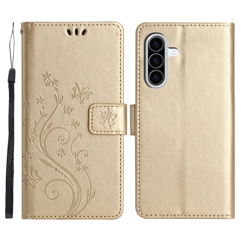 For Samsung Galaxy A37 5G Leather Wallet Case Butterfly Flower Imprinted Phone Cover with Strap - Gold - 1