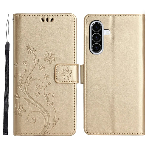 For Samsung Galaxy A37 5G Leather Wallet Case Butterfly Flower Imprinted Phone Cover with Strap - Gold - 1