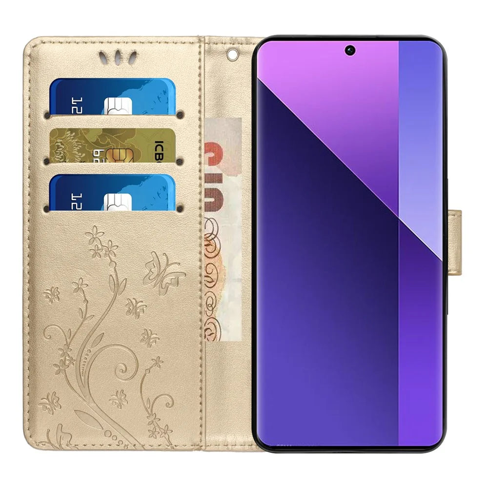 For Samsung Galaxy A37 5G Leather Wallet Case Butterfly Flower Imprinted Phone Cover with Strap - Gold - 2