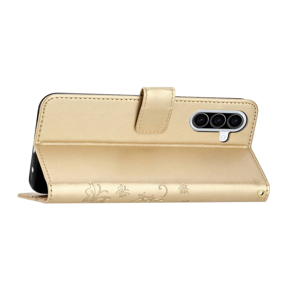 For Samsung Galaxy A37 5G Leather Wallet Case Butterfly Flower Imprinted Phone Cover with Strap - Gold - 3