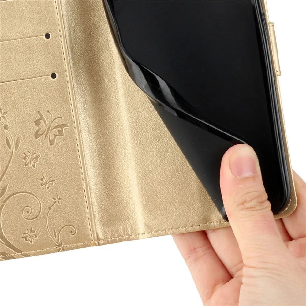 For Samsung Galaxy A37 5G Leather Wallet Case Butterfly Flower Imprinted Phone Cover with Strap - Gold - 5