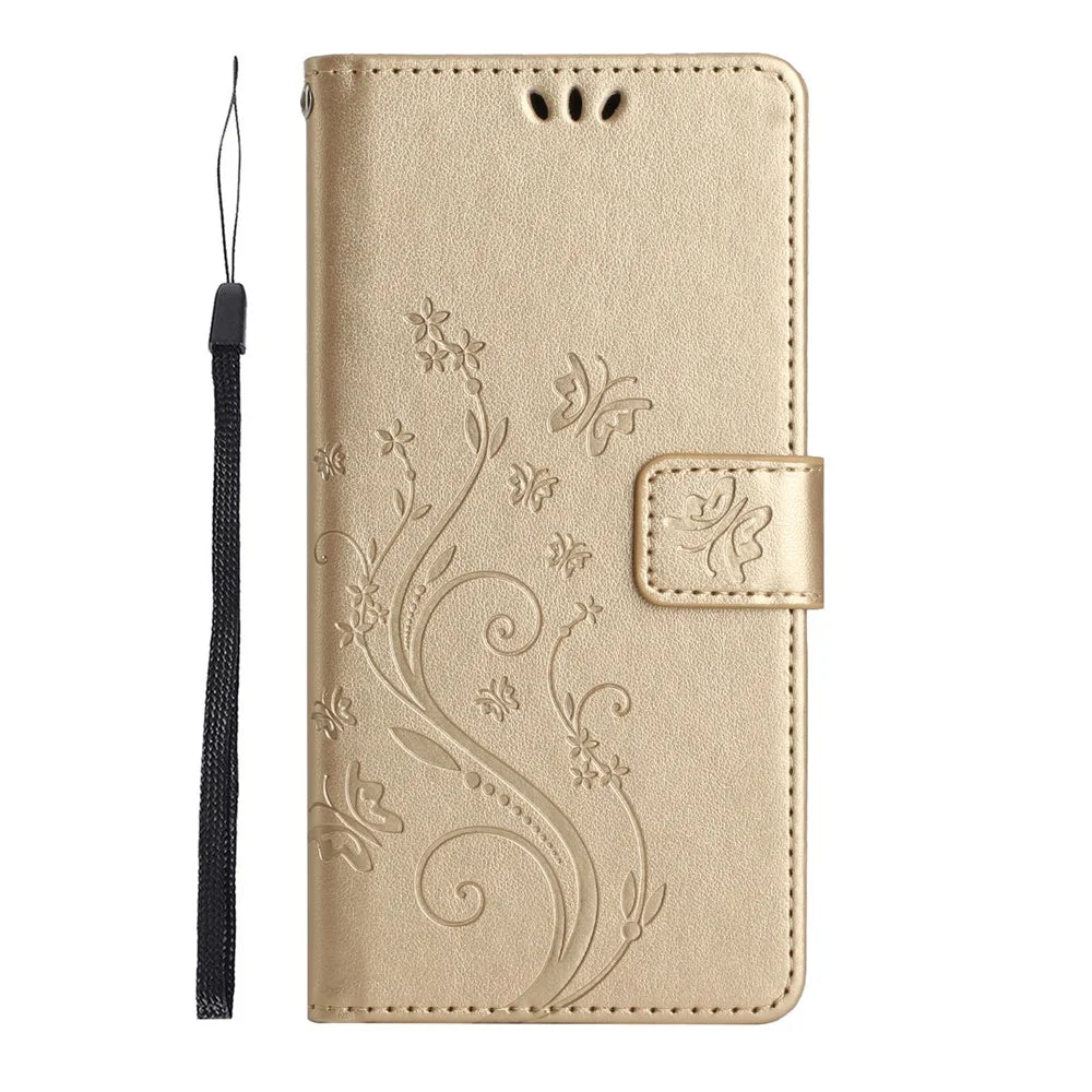 For Samsung Galaxy A37 5G Leather Wallet Case Butterfly Flower Imprinted Phone Cover with Strap - Gold - 6