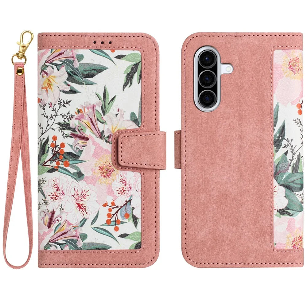 For Samsung Galaxy A37 5G Case PU Leather Floral Phone Cover with Card Slots - Pink - 1