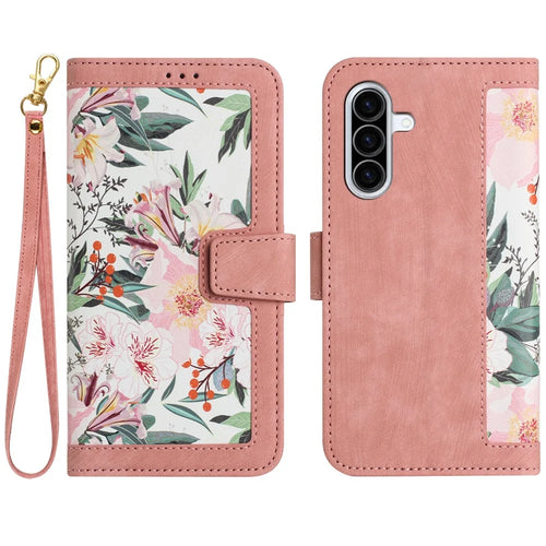 For Samsung Galaxy A37 5G Case PU Leather Floral Phone Cover with Card Slots - Pink - 1
