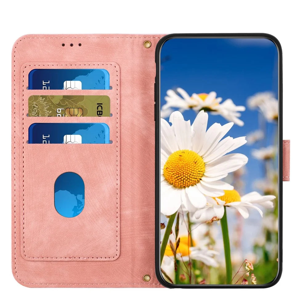 For Samsung Galaxy A37 5G Case PU Leather Floral Phone Cover with Card Slots - Pink - 2
