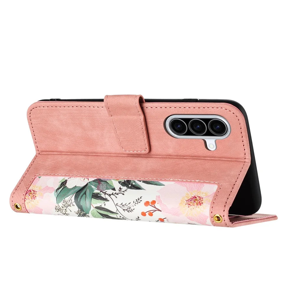 For Samsung Galaxy A37 5G Case PU Leather Floral Phone Cover with Card Slots - Pink - 3