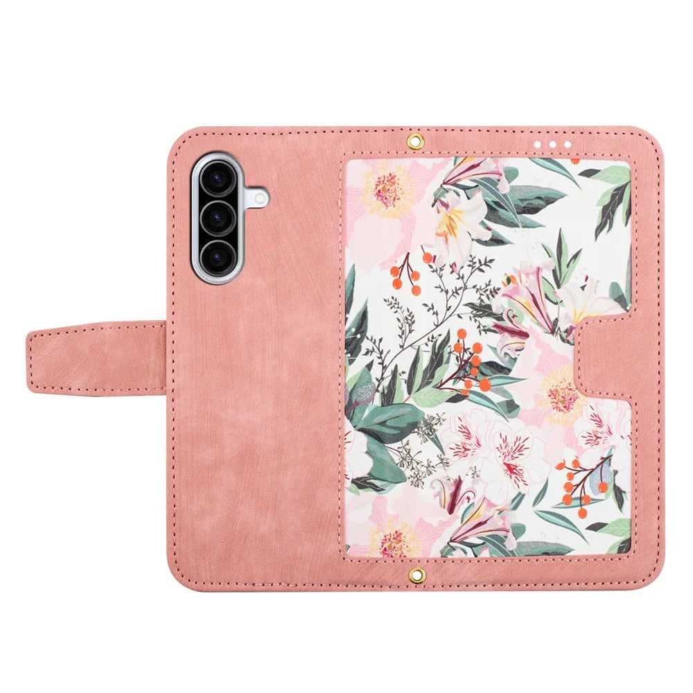 For Samsung Galaxy A37 5G Case PU Leather Floral Phone Cover with Card Slots - Pink - 5