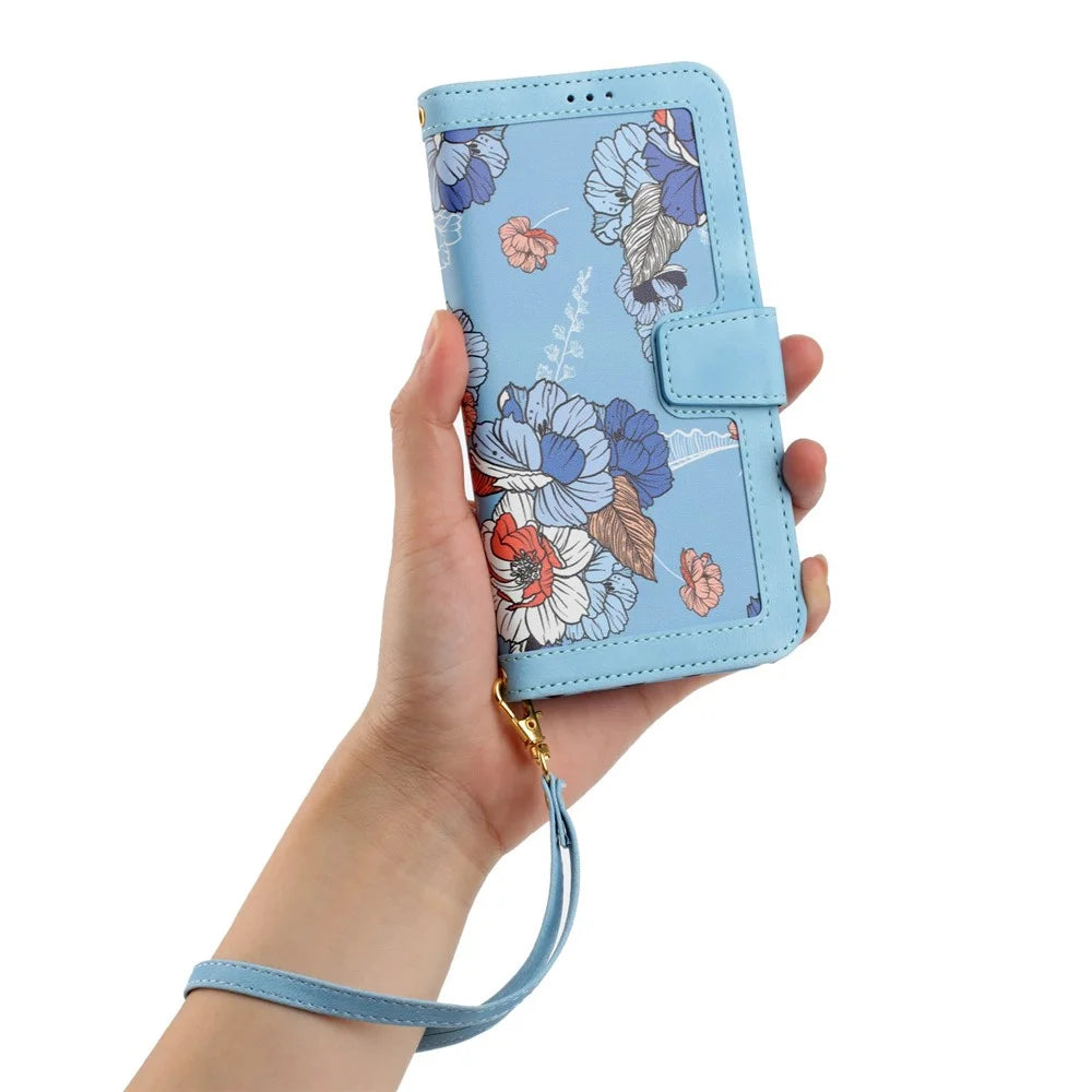For Samsung Galaxy S26+ Case PU Leather Floral Phone Cover with Card Slots - Baby Blue - 6